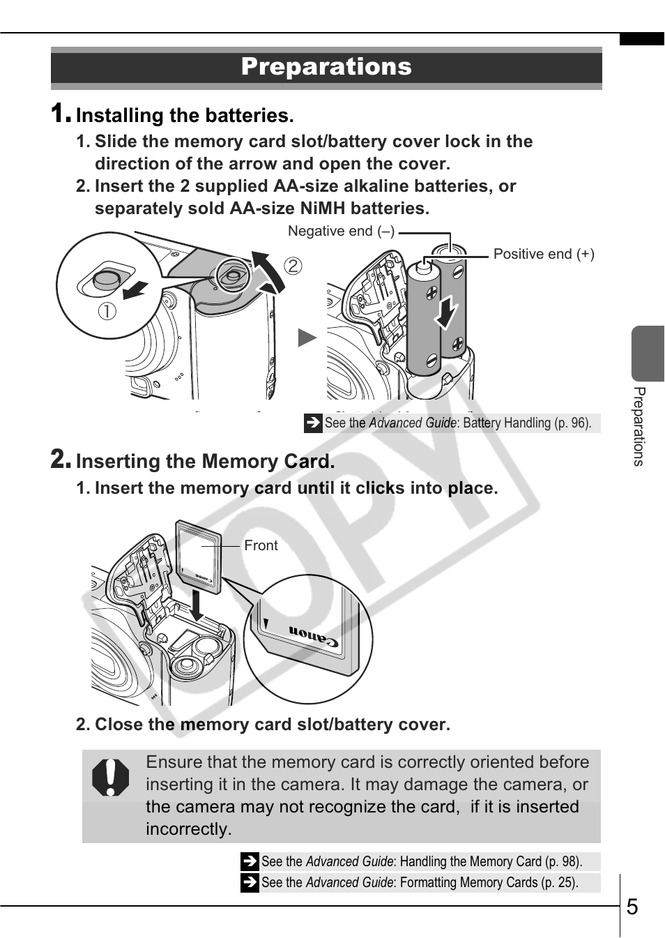 Preparations, Installing the batteries | Canon A570 IS User Manual | Page 7 / 35