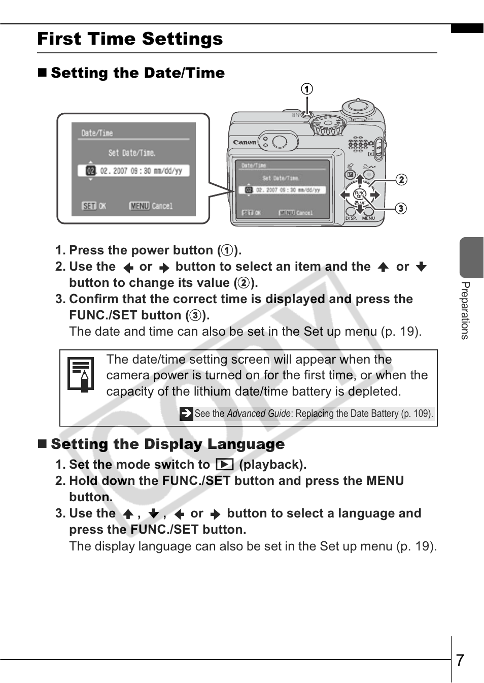 First time settings, Setting the date/time, Setting the display language | Canon A570 IS User Manual | Page 9 / 35
