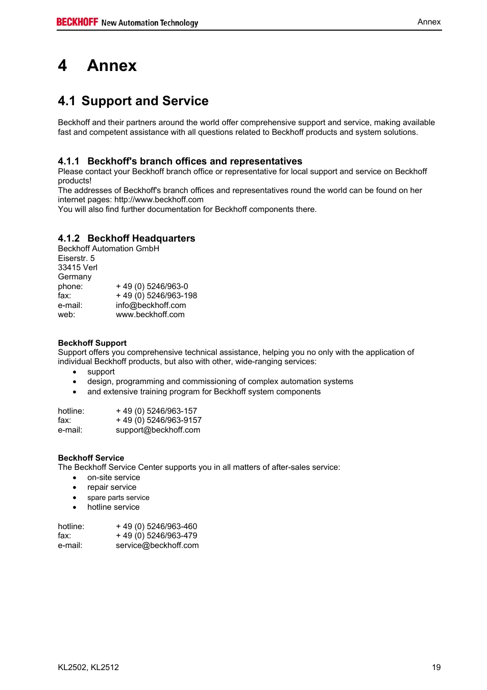 4 annex, 1 support and service | BECKHOFF KL2502 User Manual | Page 21 / 21