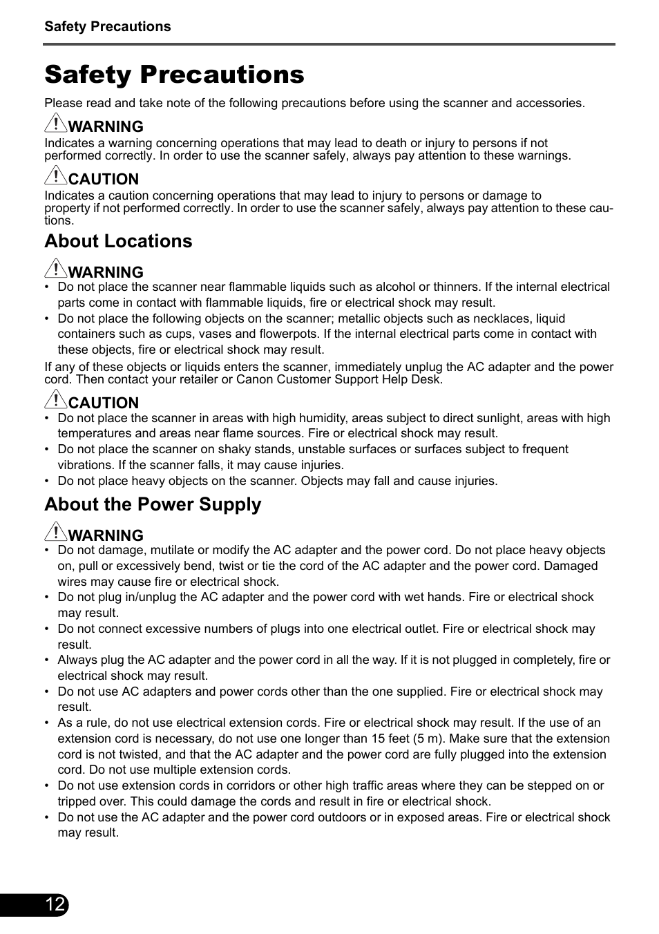 Safety precautions, About locations, About the power supply | Canon CanoScan 8800F User Manual | Page 14 / 16