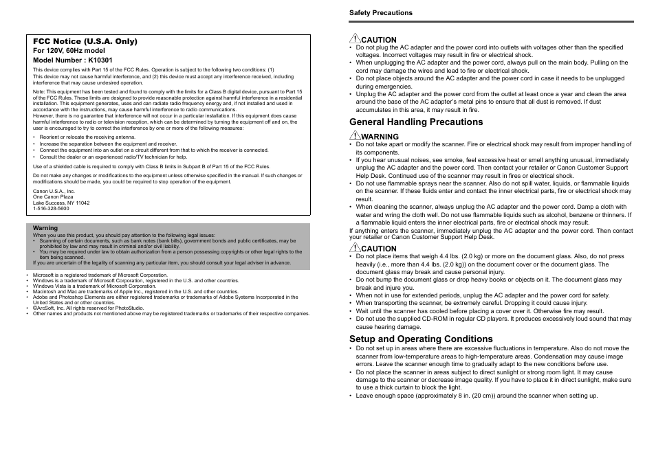 General handling precautions, Setup and operating conditions, Fcc notice (u.s.a. only) | Caution, Warning | Canon CanoScan 8800F User Manual | Page 15 / 16