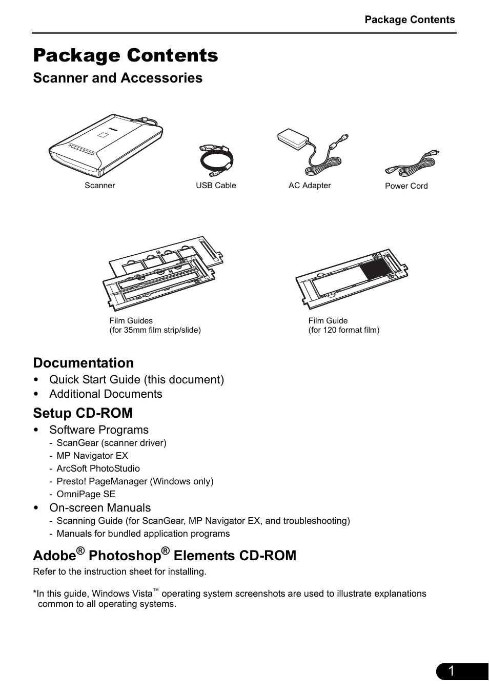 Package contents, Scanner and accessories documentation, Setup cd-rom | Adobe, Photoshop, Elements cd-rom | Canon CanoScan 8800F User Manual | Page 3 / 16