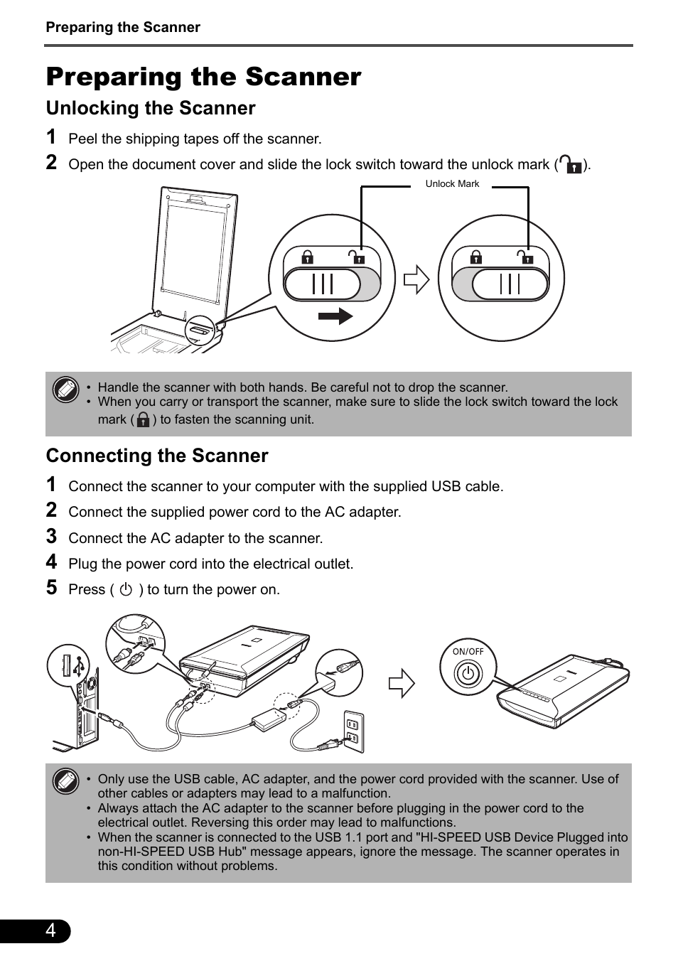 Preparing the scanner, Unlocking the scanner, Connecting the scanner | Canon CanoScan 8800F User Manual | Page 6 / 16