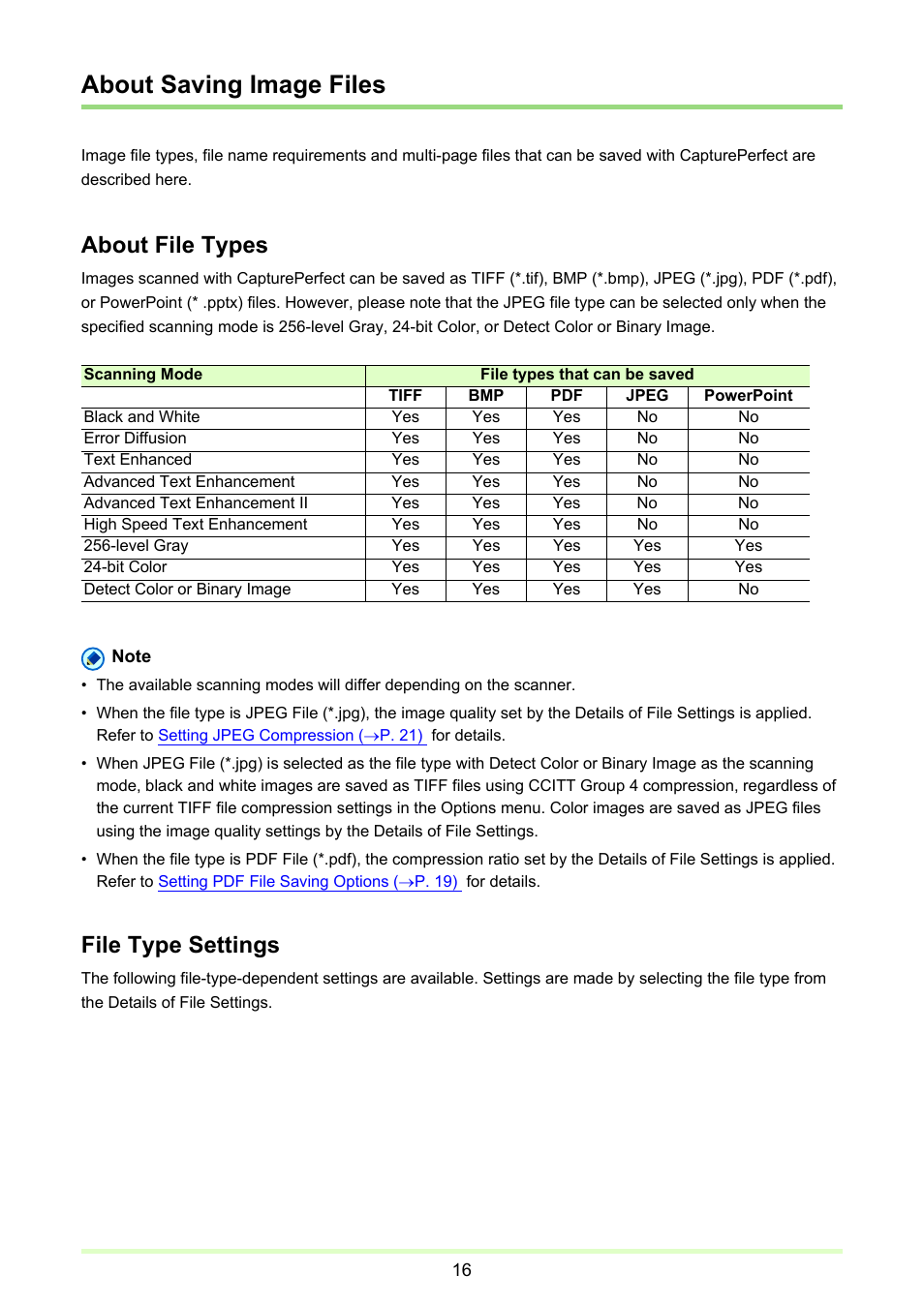 About saving image files, P. 16), About file types | File type settings | Canon CAPTUREPERFECT 3.1 User Manual | Page 16 / 85