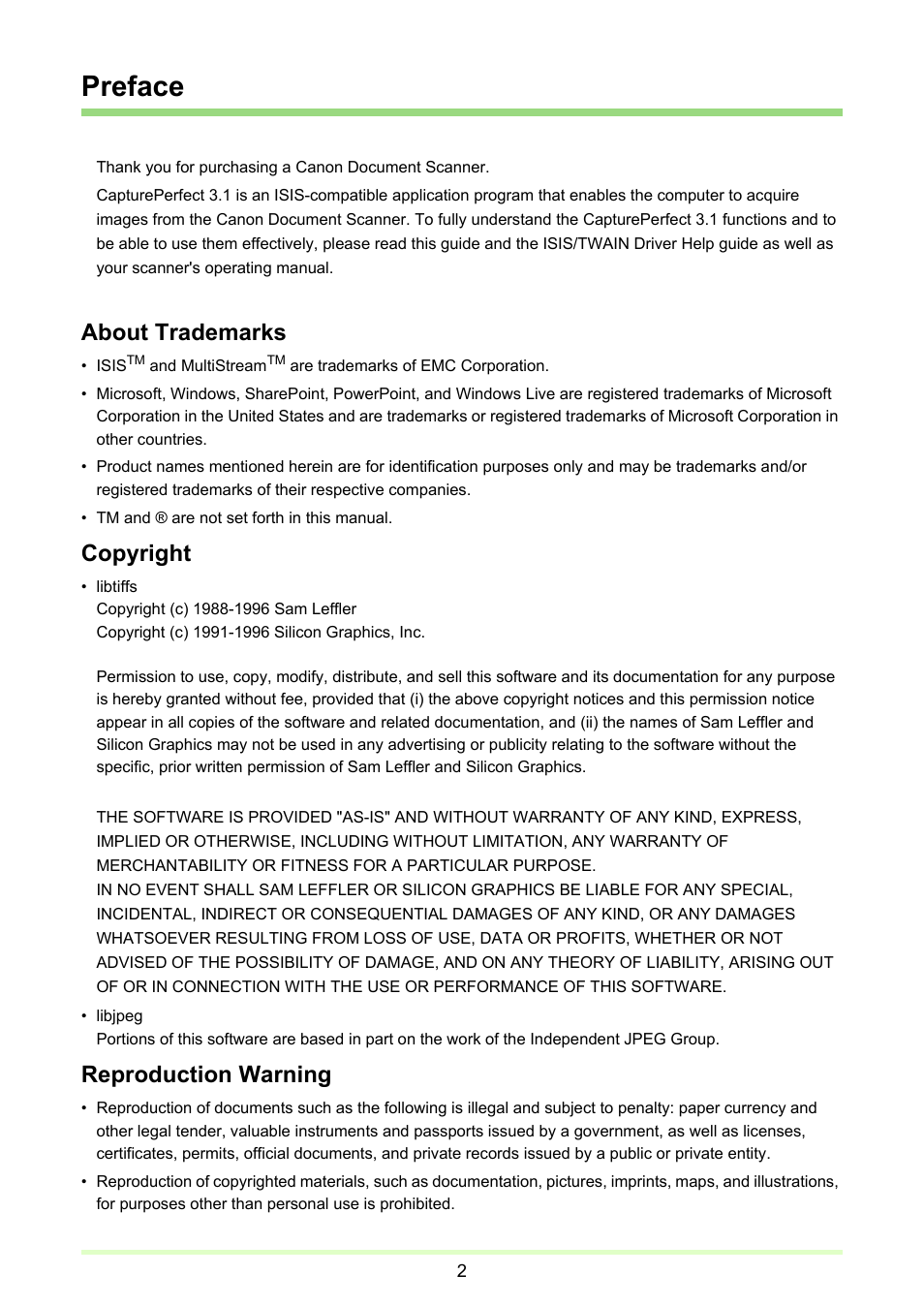 Preface, About trademarks, Copyright | Reproduction warning | Canon CAPTUREPERFECT 3.1 User Manual | Page 2 / 85