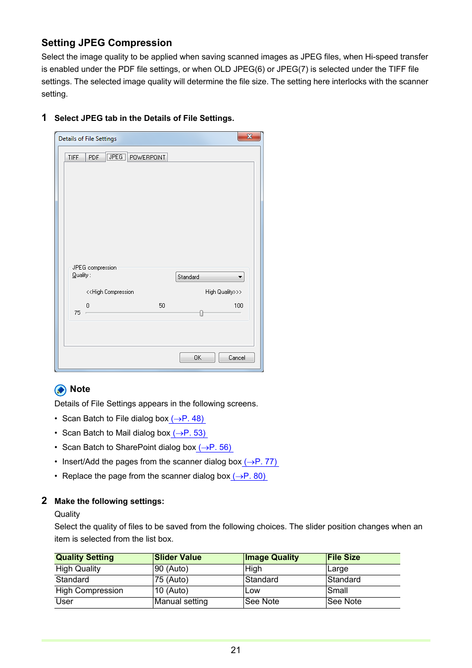 Refer to, Setting jpeg compression, P. 21) | Canon CAPTUREPERFECT 3.1 User Manual | Page 21 / 85