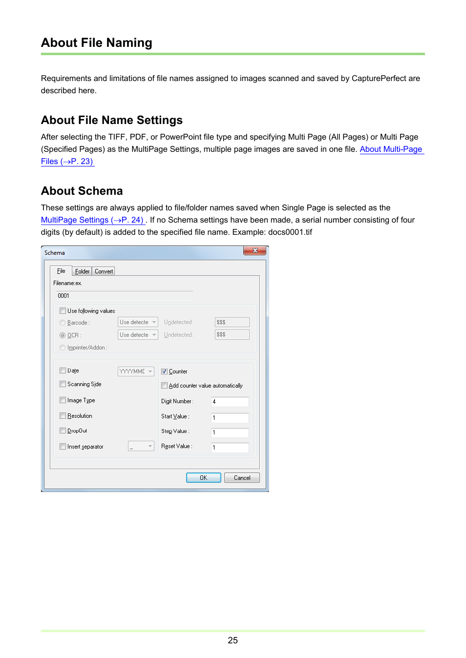 About file naming, P. 25), About schema | About file name settings | Canon CAPTUREPERFECT 3.1 User Manual | Page 25 / 85
