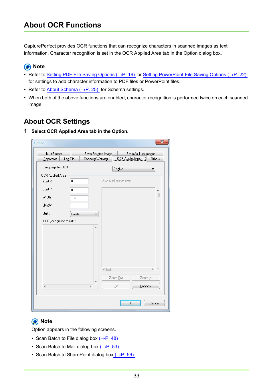 About ocr functions, P. 33), About ocr settings | Canon CAPTUREPERFECT 3.1 User Manual | Page 33 / 85