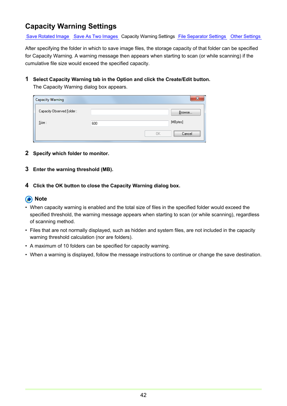 Capacity warning settings | Canon CAPTUREPERFECT 3.1 User Manual | Page 42 / 85