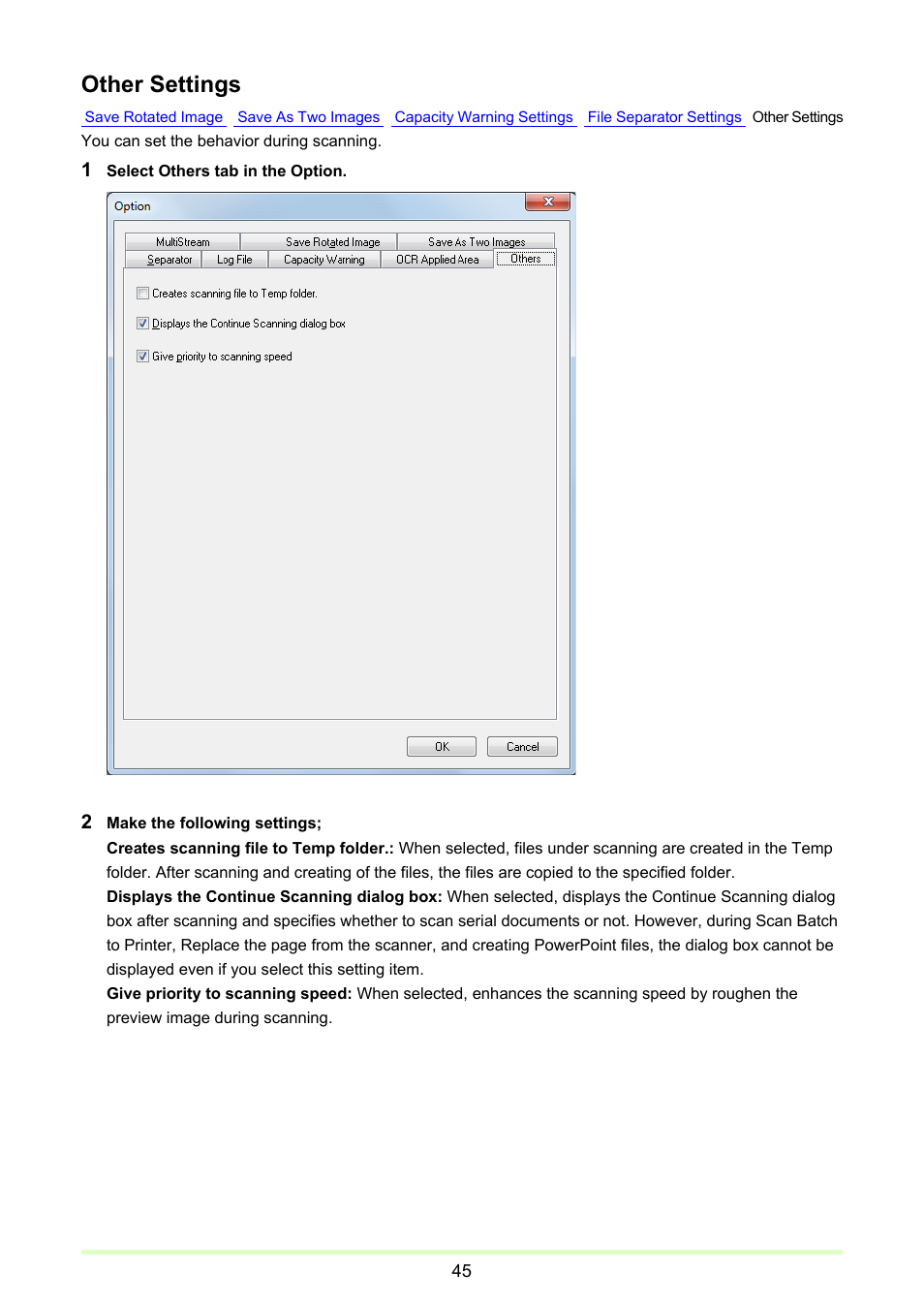 P. 45), Other settings | Canon CAPTUREPERFECT 3.1 User Manual | Page 45 / 85