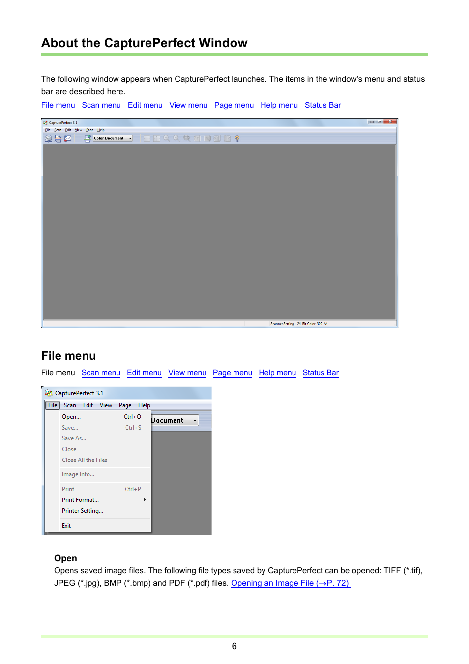 About the captureperfect window, P. 6), File menu | Canon CAPTUREPERFECT 3.1 User Manual | Page 6 / 85