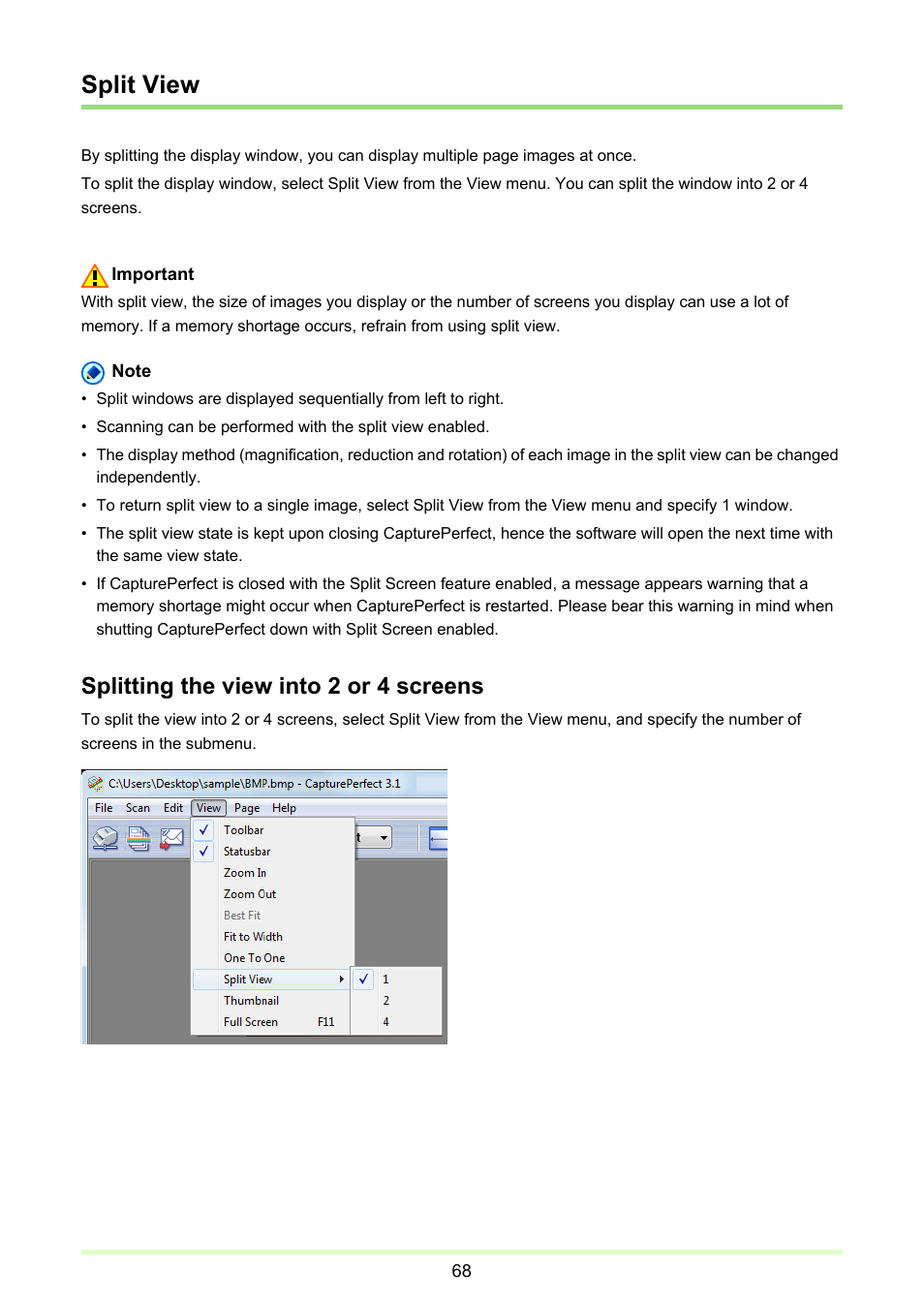 Split view, P. 68), Splitting the view into 2 or 4 screens | Canon CAPTUREPERFECT 3.1 User Manual | Page 68 / 85