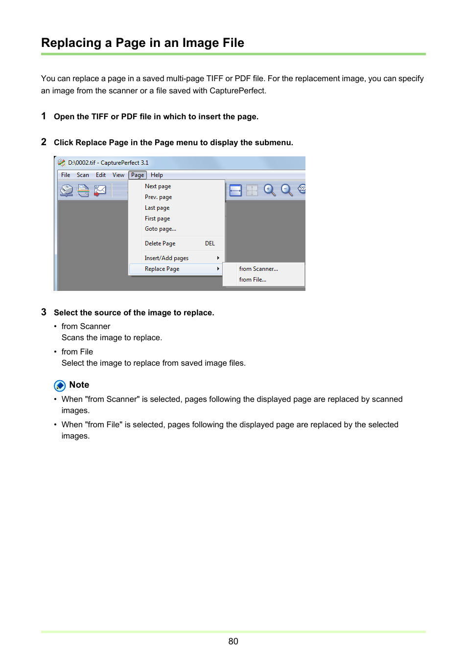 Image file, P. 80), Replacing a page in an image file | Canon CAPTUREPERFECT 3.1 User Manual | Page 80 / 85