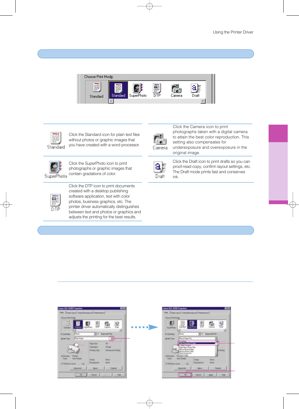 3 choosing a print mode, 4 selecting a media type | Canon 8200 User Manual | Page 34 / 84