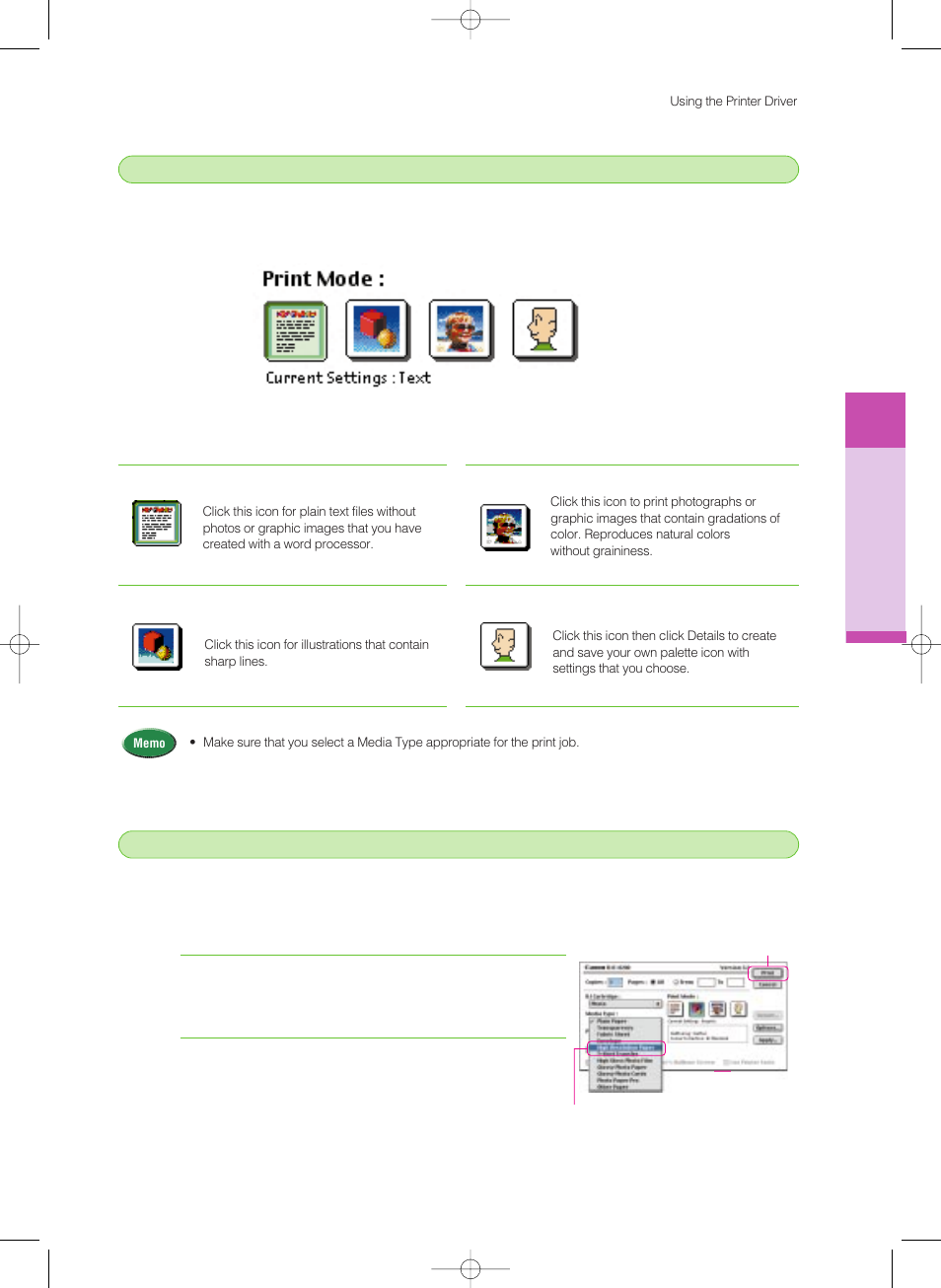 3 selecting a print mode, 4 selecting a media type | Canon 8200 User Manual | Page 38 / 84