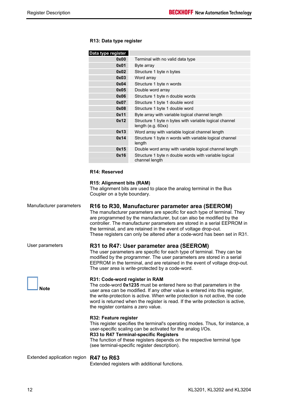 R16 to r30, manufacturer parameter area (seerom), R31 to r47: user parameter area (seerom), R47 to r63 | BECKHOFF KL3201 User Manual | Page 14 / 25