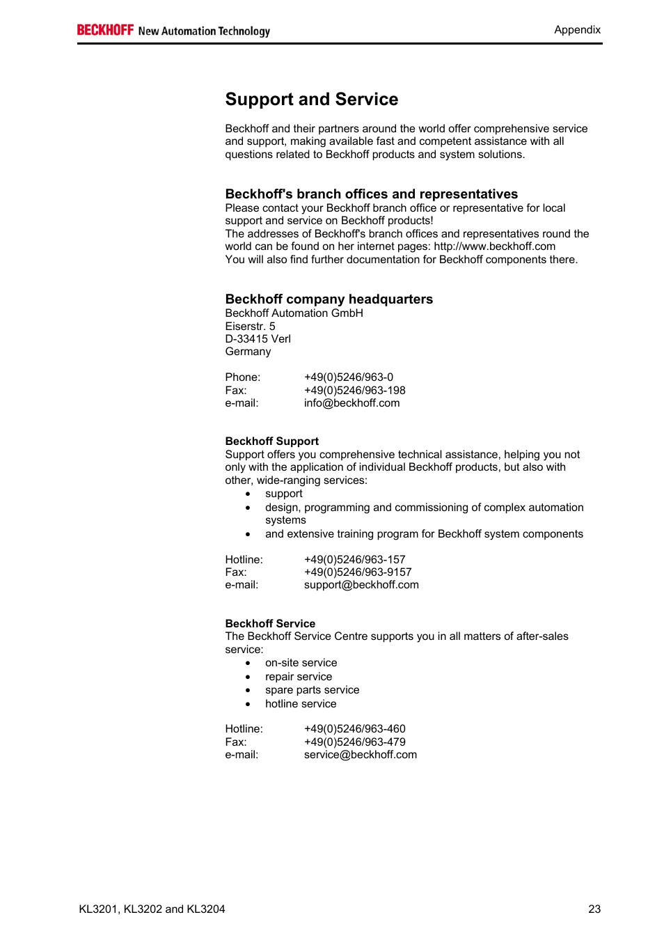 Support and service | BECKHOFF KL3201 User Manual | Page 25 / 25