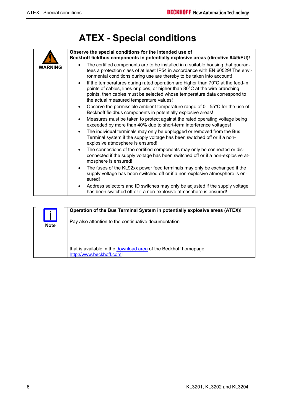 Atex - special conditions | BECKHOFF KL3201 User Manual | Page 8 / 25