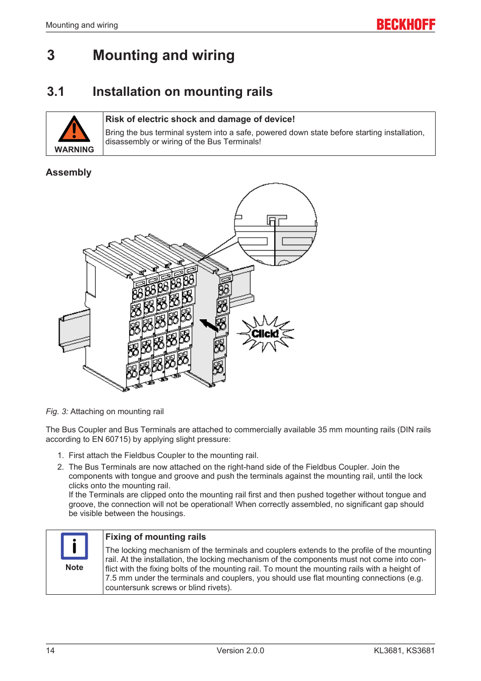 3 mounting and wiring, 1 installation on mounting rails, 3mounting and wiring | BECKHOFF KL3681 User Manual | Page 14 / 43