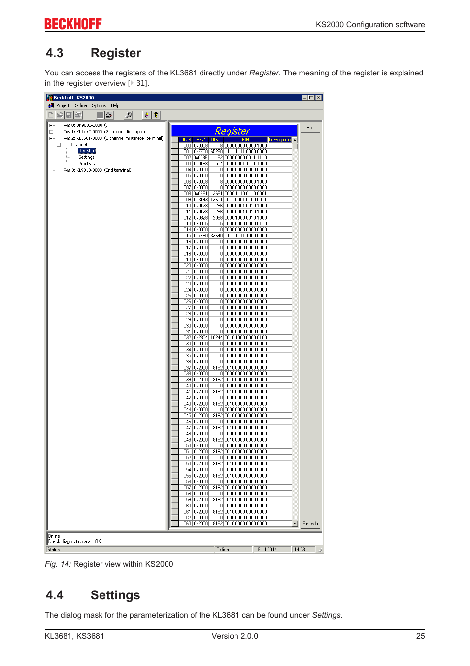 3 register, 4 settings, Register | 25] enables direct access to the kl3681 registers, Settings | BECKHOFF KL3681 User Manual | Page 25 / 43
