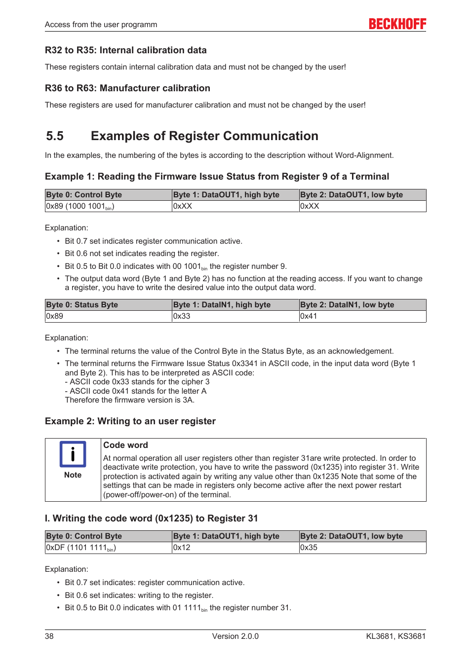 5 examples of register communication, Register communication | BECKHOFF KL3681 User Manual | Page 38 / 43