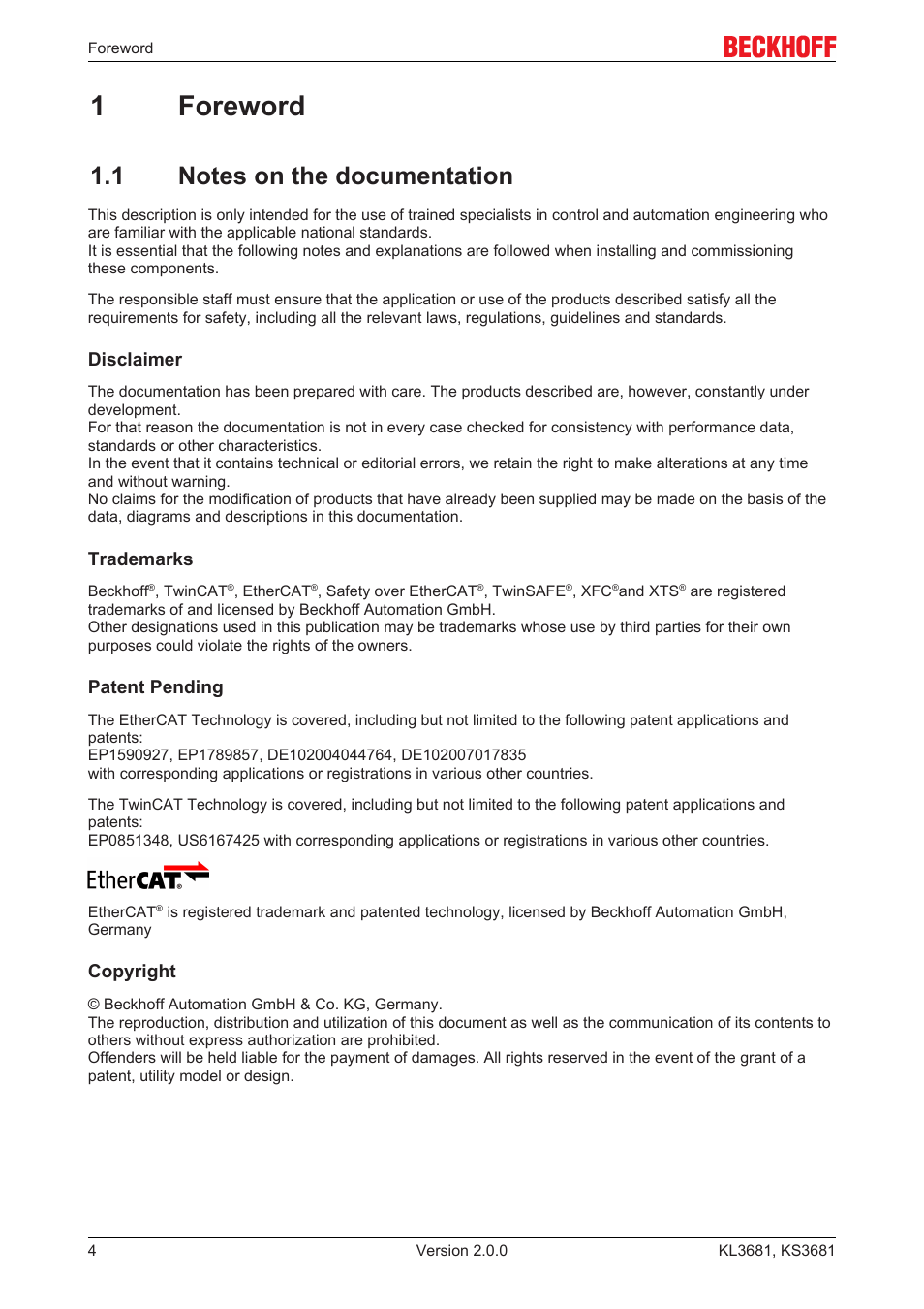 1 foreword, 1 notes on the documentation, 1foreword | BECKHOFF KL3681 User Manual | Page 4 / 43