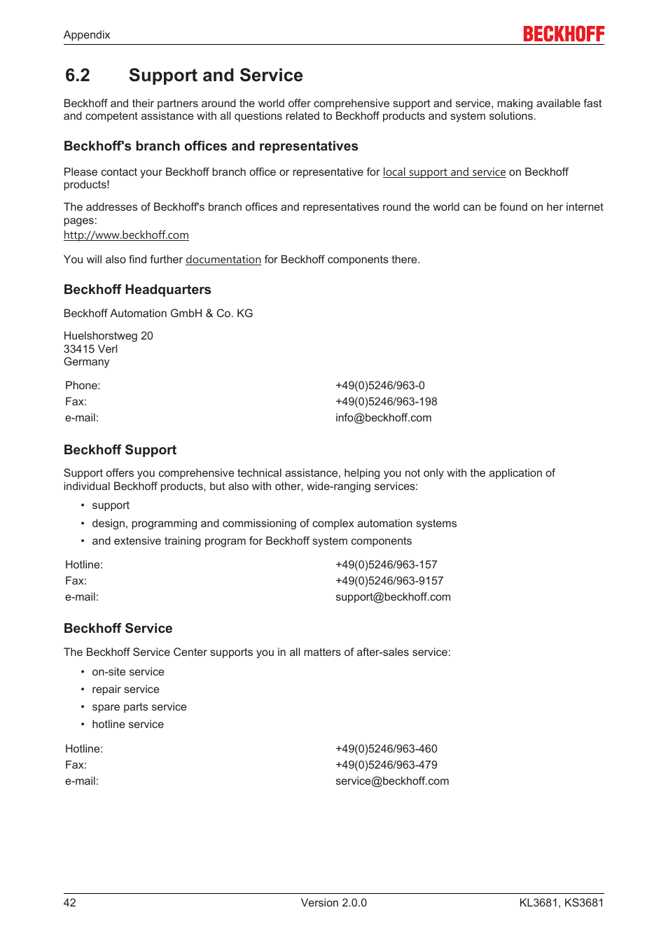 2 support and service | BECKHOFF KL3681 User Manual | Page 42 / 43
