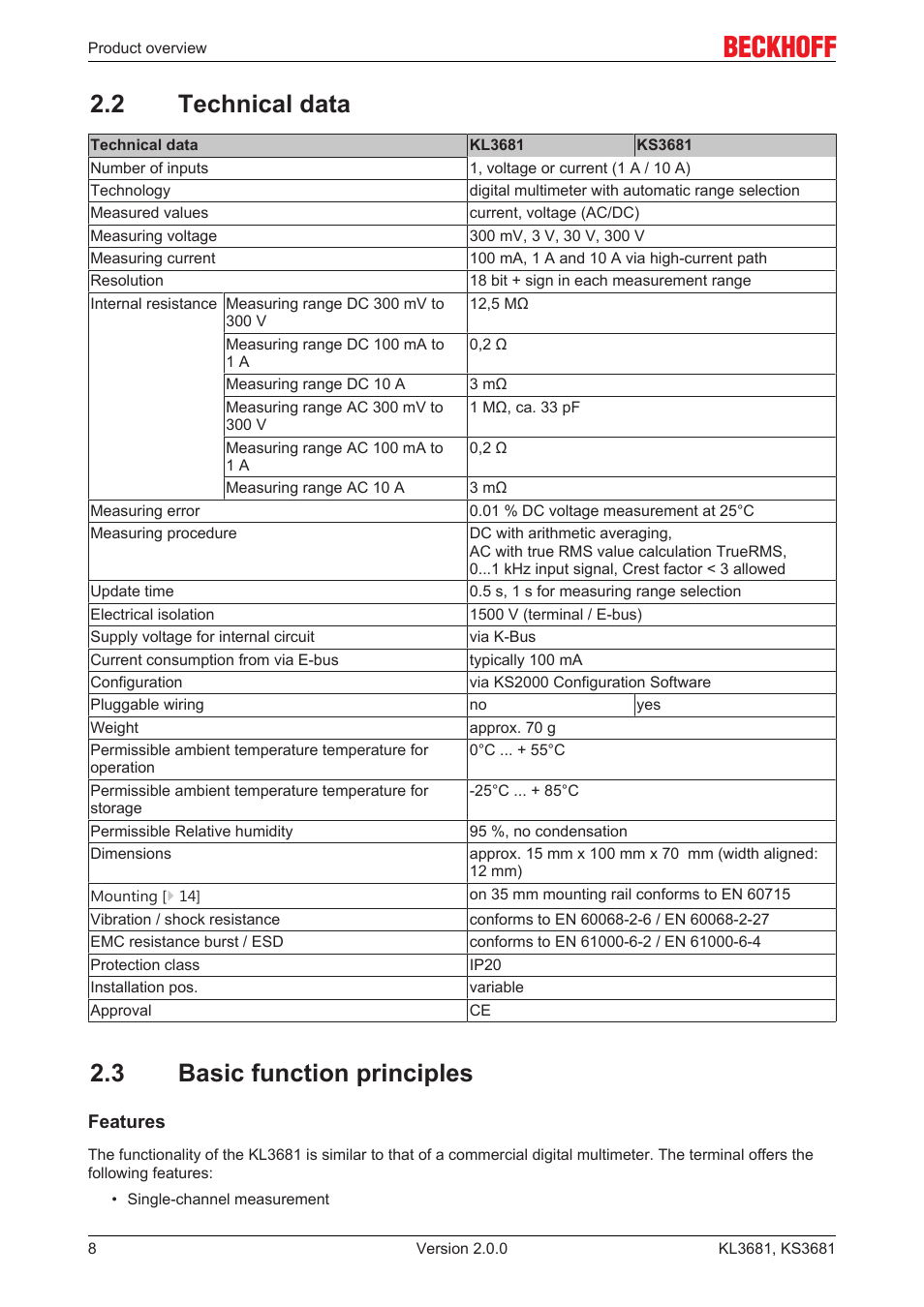 2 technical data, 3 basic function principles | BECKHOFF KL3681 User Manual | Page 8 / 43