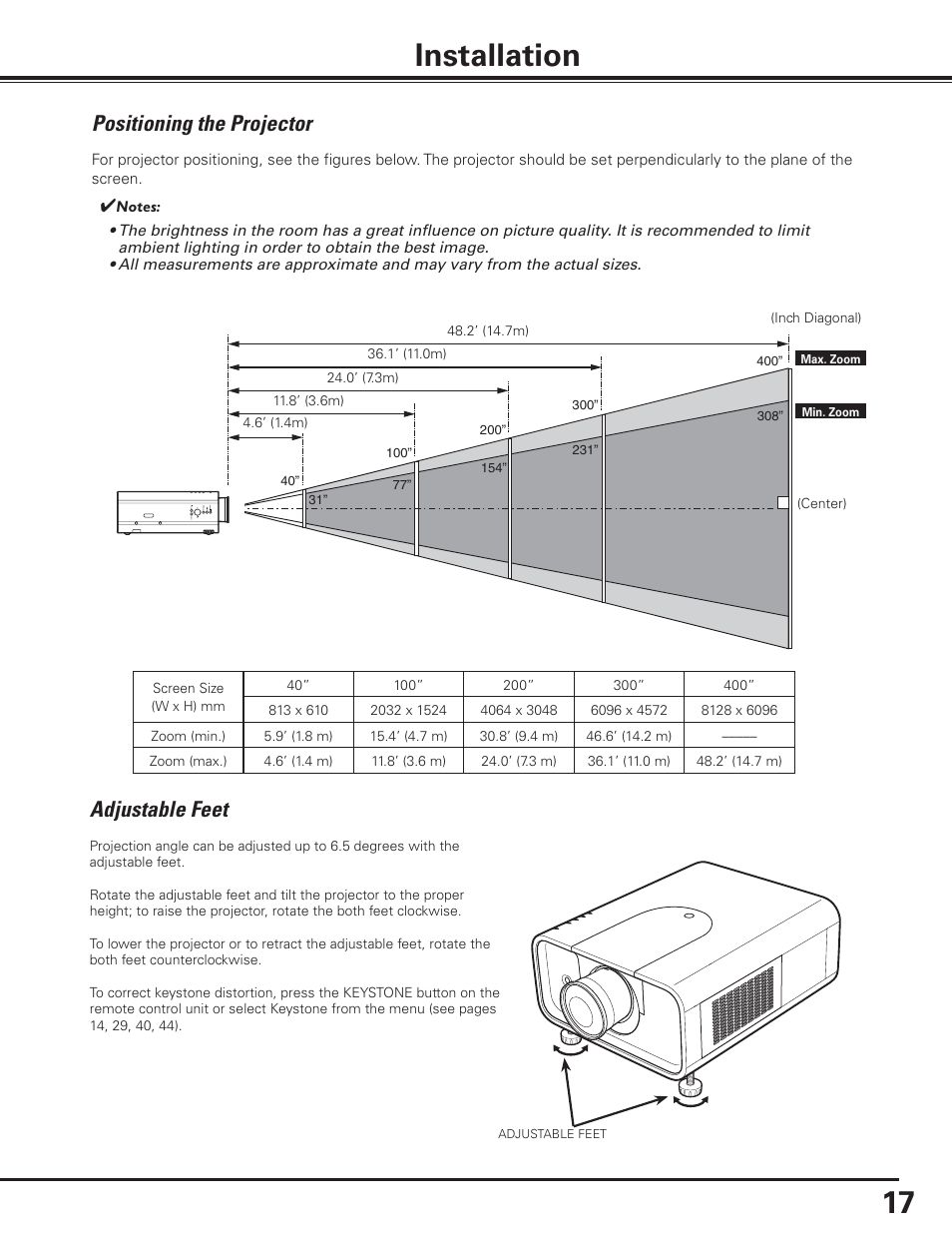 Installation, Adjustable feet, Positioning the projector | Canon LV-7585 User Manual | Page 17 / 81