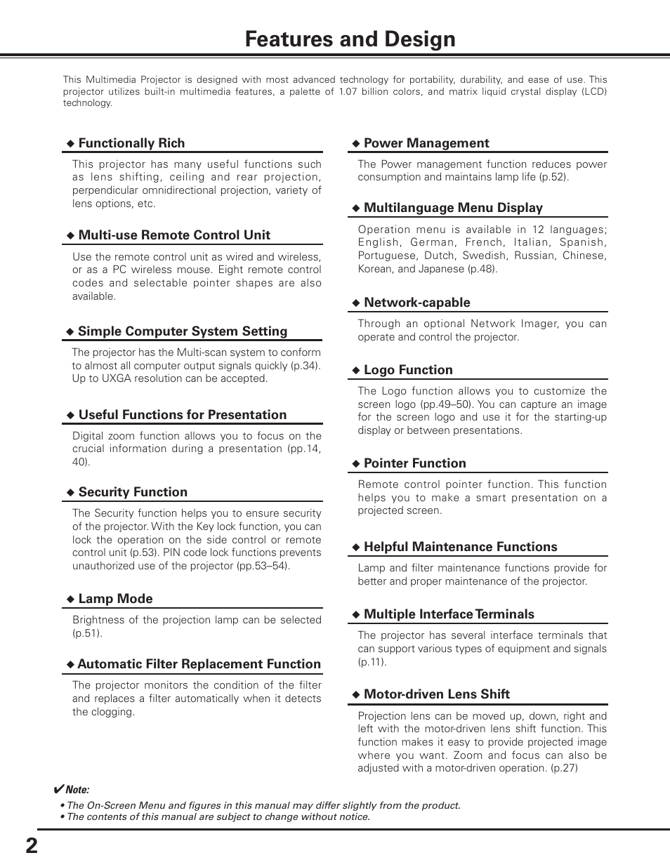 Features and design | Canon LV-7585 User Manual | Page 2 / 81