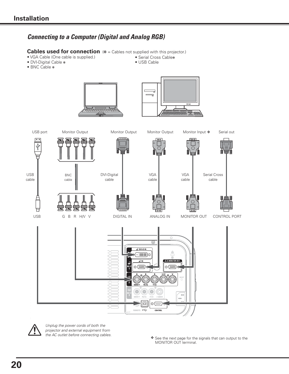 Connecting to a computer (digital and analog rgb), Installation, Cables used for connection | Canon LV-7585 User Manual | Page 20 / 81