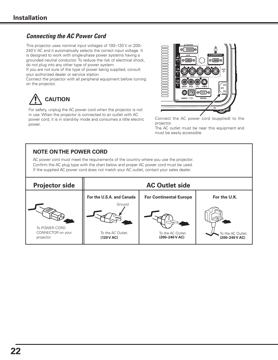 Connecting the ac power cord, Installation, Projector side ac outlet side | Canon LV-7585 User Manual | Page 22 / 81