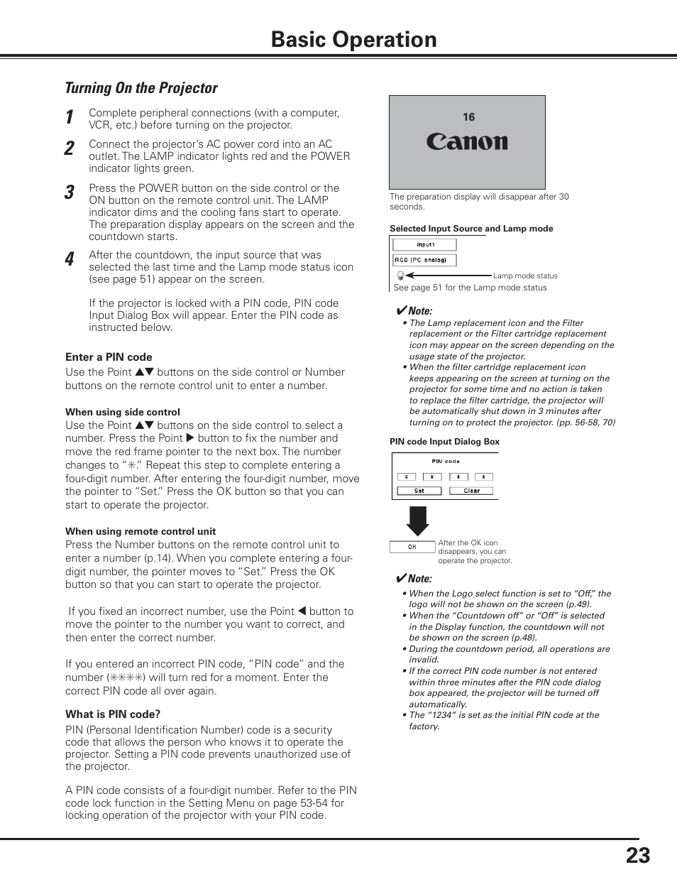 Basic operation, Turning on the projector | Canon LV-7585 User Manual | Page 23 / 81