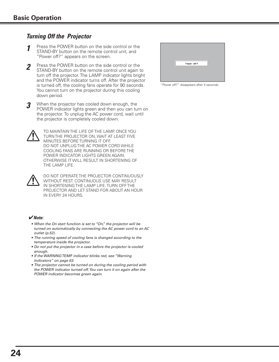 Turning off the projector, Basic operation | Canon LV-7585 User Manual | Page 24 / 81