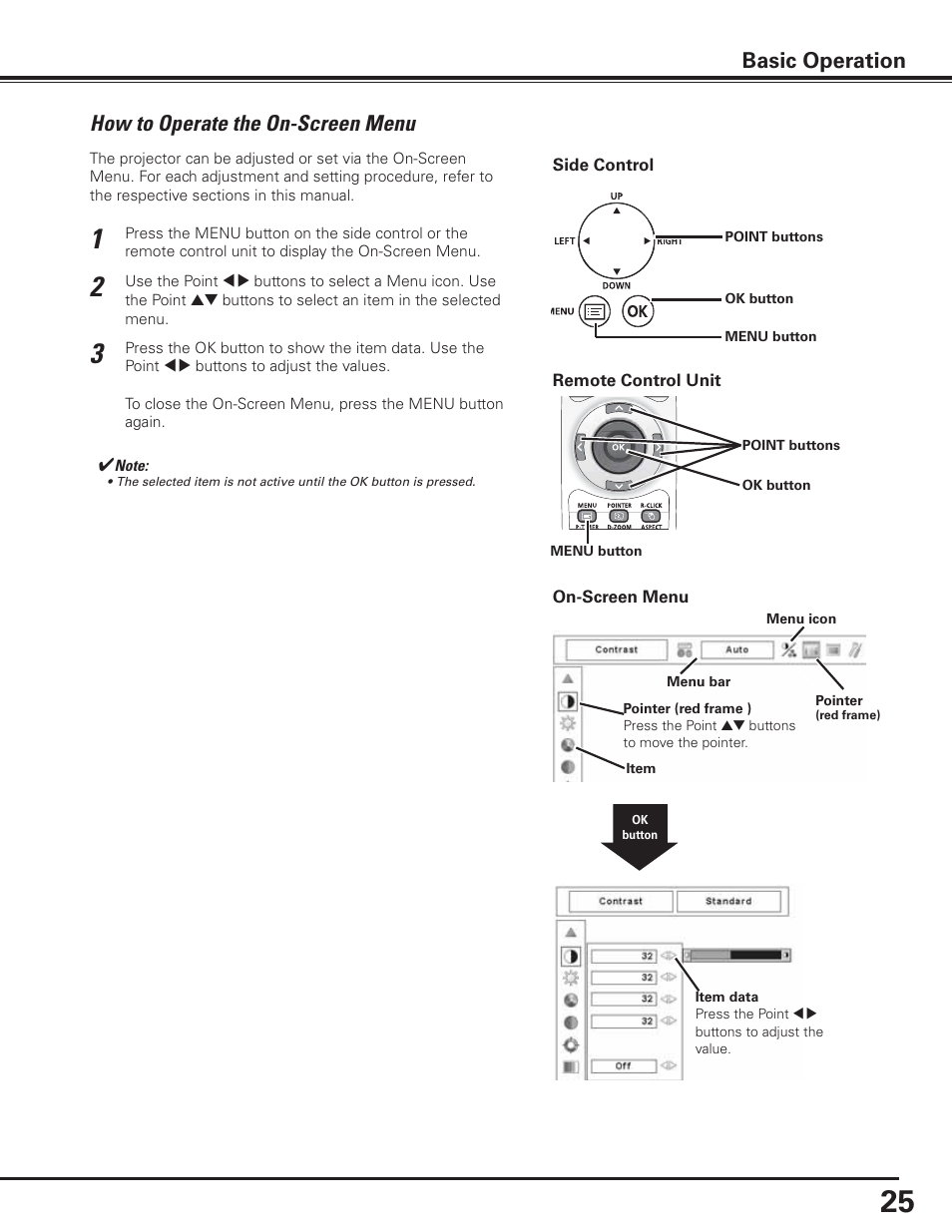 How to operate the on-screen menu, Basic operation | Canon LV-7585 User Manual | Page 25 / 81