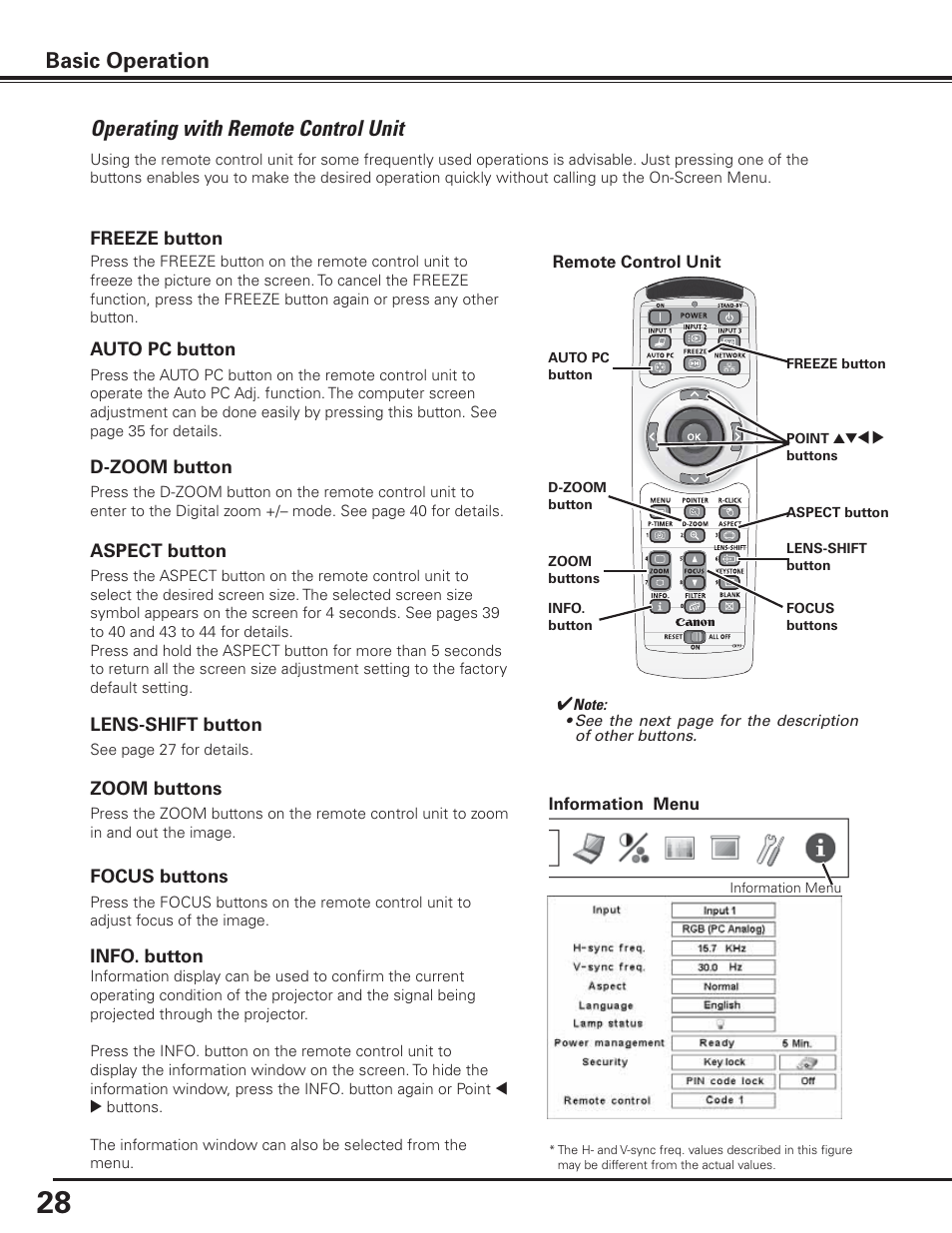 Operating with remote control unit, Basic operation | Canon LV-7585 User Manual | Page 28 / 81