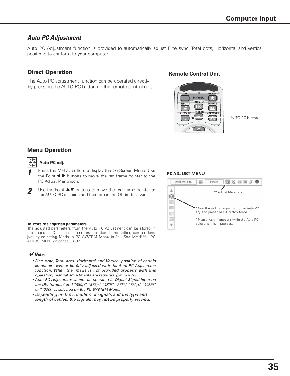 Auto pc adjustment, Computer input | Canon LV-7585 User Manual | Page 35 / 81