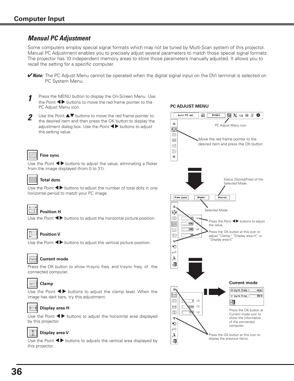 Manual pc adjustment, Computer input | Canon LV-7585 User Manual | Page 36 / 81