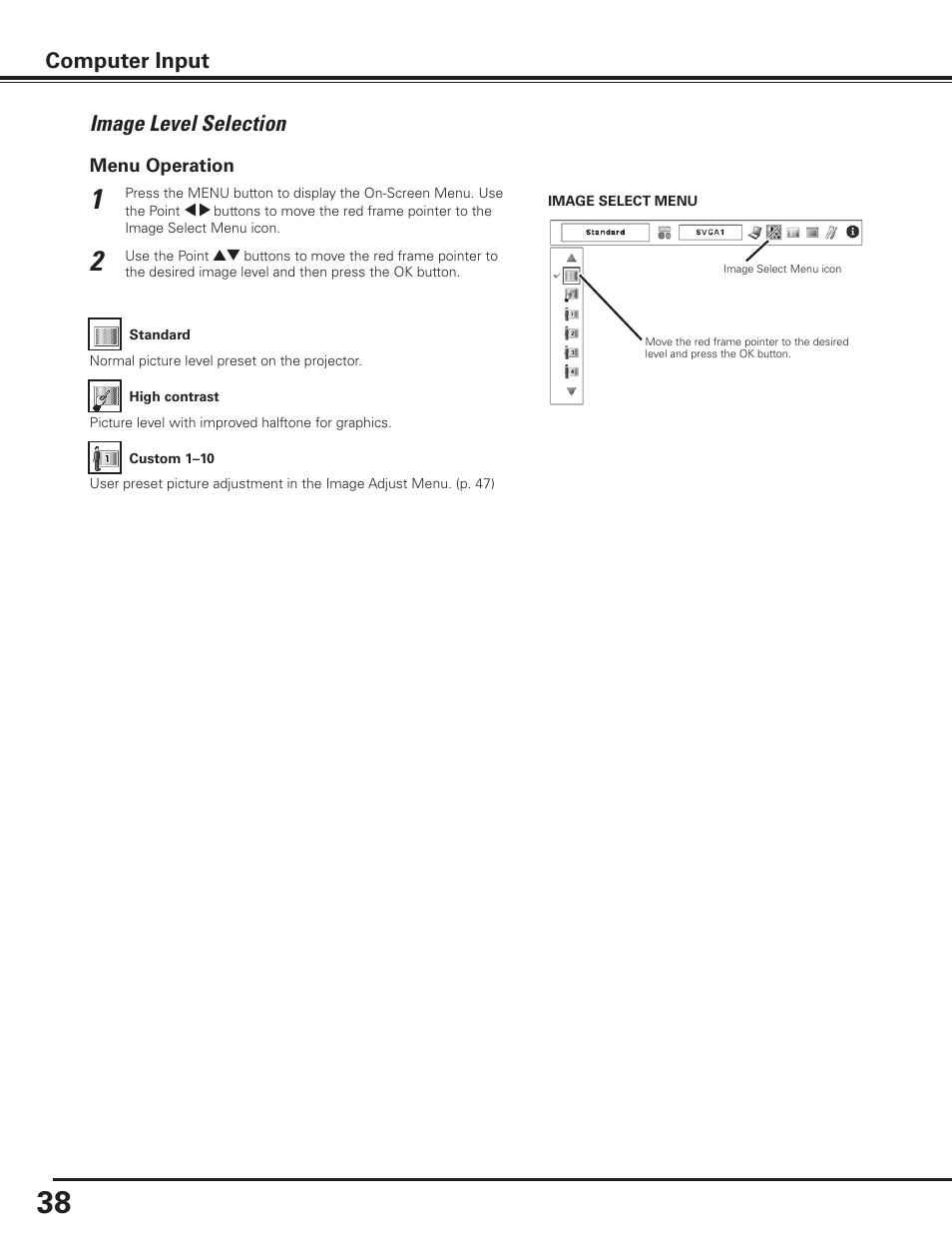 Image level selection, Computer input | Canon LV-7585 User Manual | Page 38 / 81