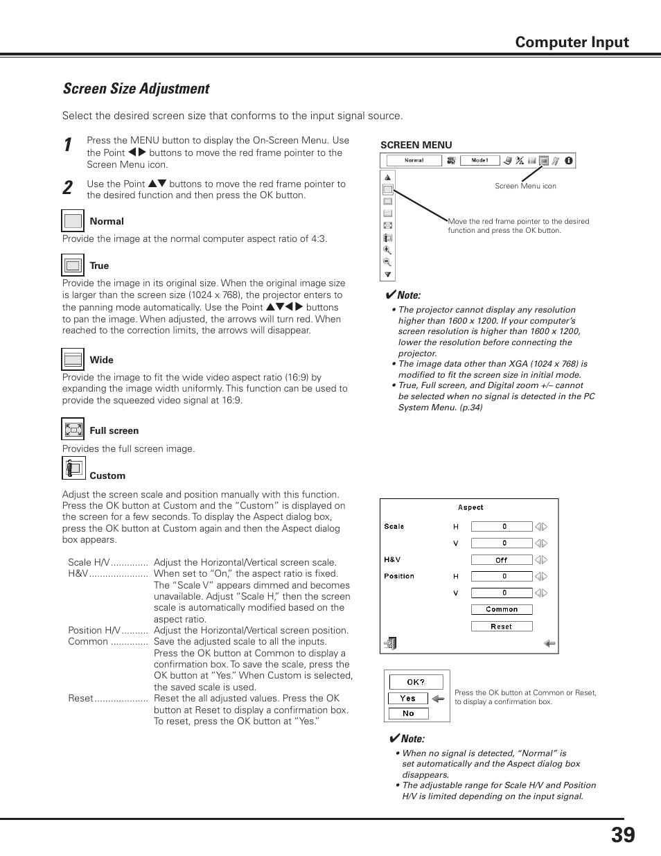 Screen size adjustment, Computer input | Canon LV-7585 User Manual | Page 39 / 81