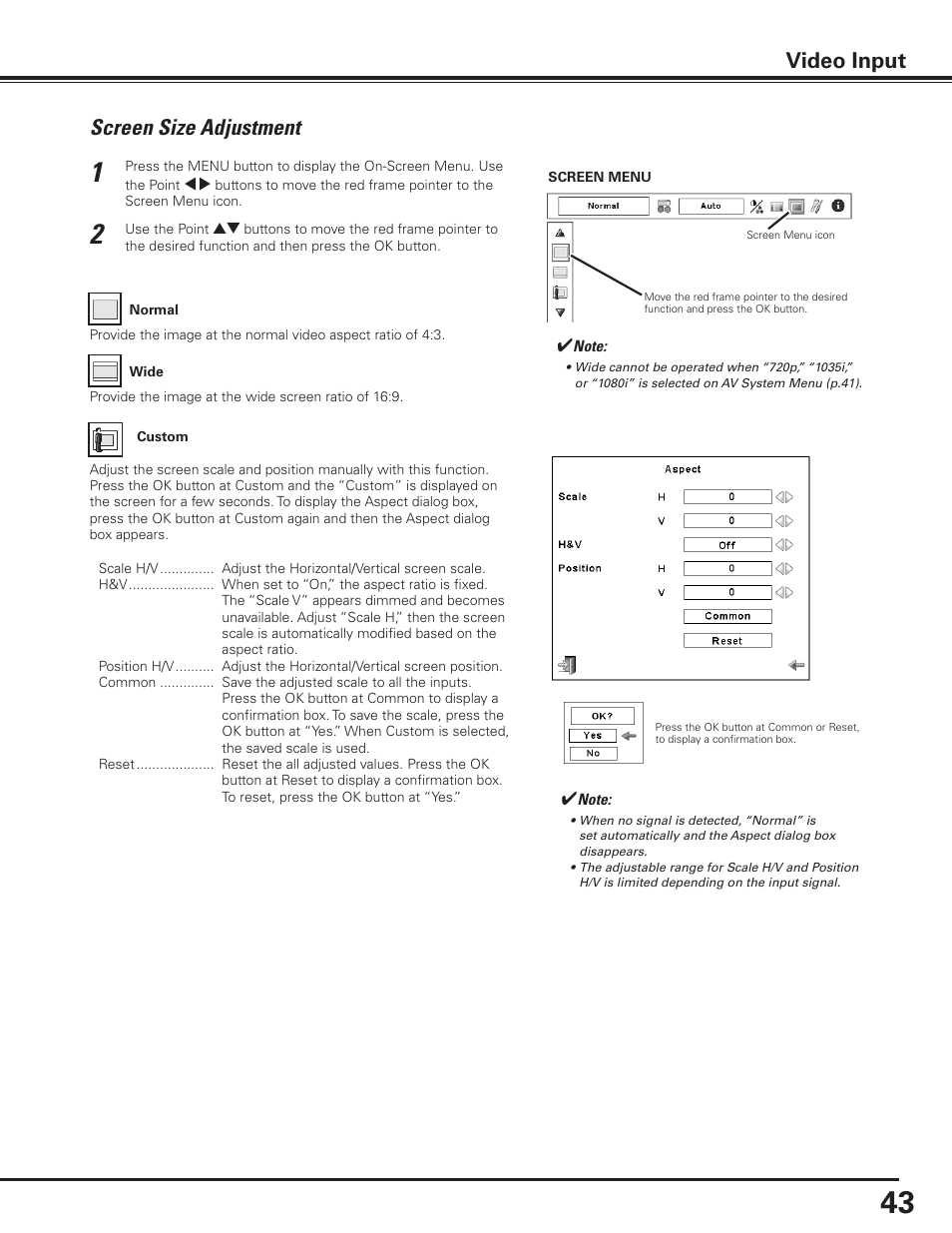 Screen size adjustment, Video input | Canon LV-7585 User Manual | Page 43 / 81