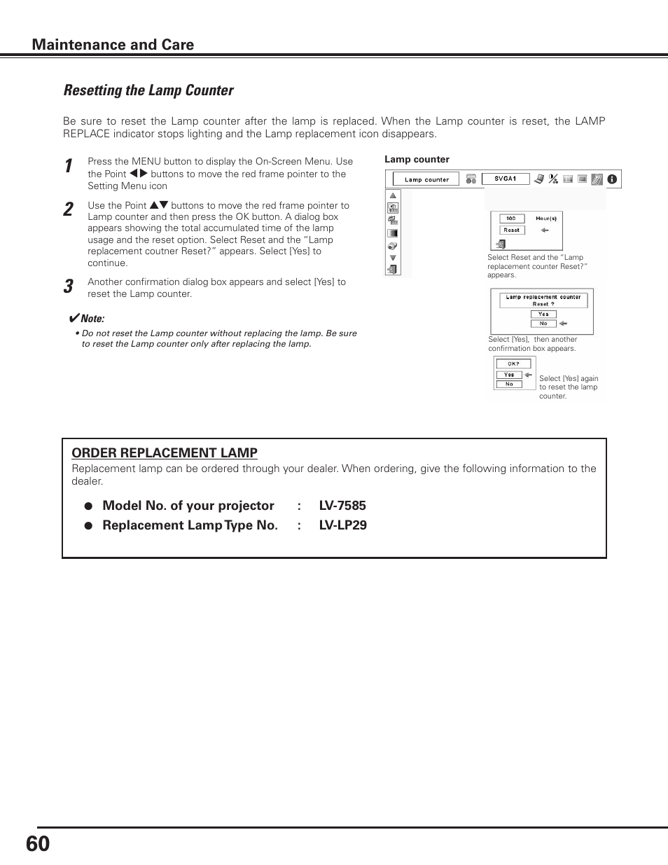 Resetting the lamp counter, Maintenance and care | Canon LV-7585 User Manual | Page 60 / 81