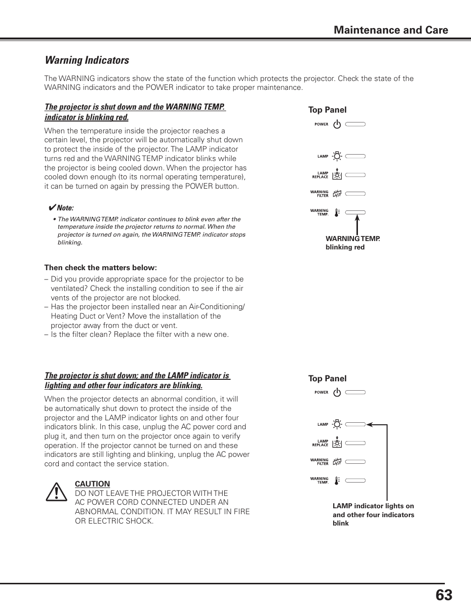 Warning indicators, Maintenance and care | Canon LV-7585 User Manual | Page 63 / 81