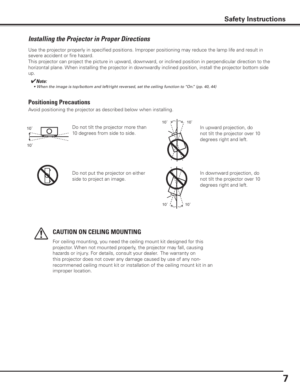 Installing the projector in proper directions, Safety instructions, Positioning precautions | Caution on ceiling mounting | Canon LV-7585 User Manual | Page 7 / 81