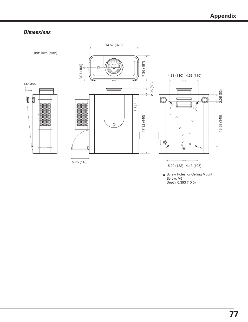 Dimensions, Appendix | Canon LV-7585 User Manual | Page 77 / 81
