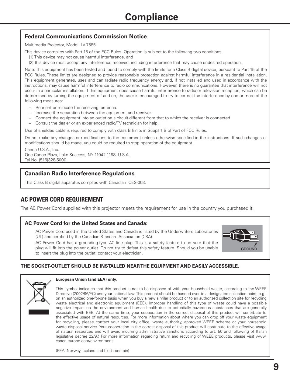 9compliance, Ac power cord requirement | Canon LV-7585 User Manual | Page 9 / 81