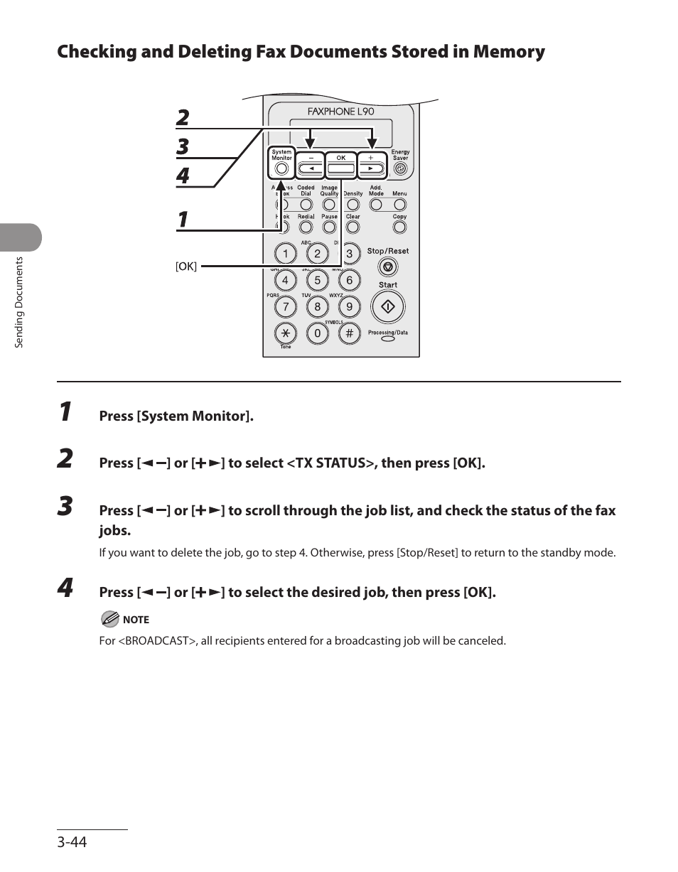 Checking and deleting fax documents, Stored in memory -44 | Canon L90 User Manual | Page 113 / 214