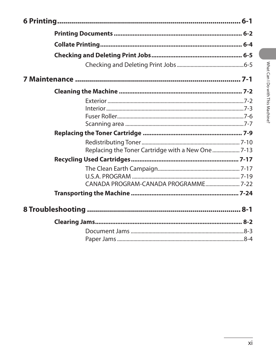 6 printing -1, 7 maintenance -1, 8 troubleshooting -1 | Canon L90 User Manual | Page 12 / 214
