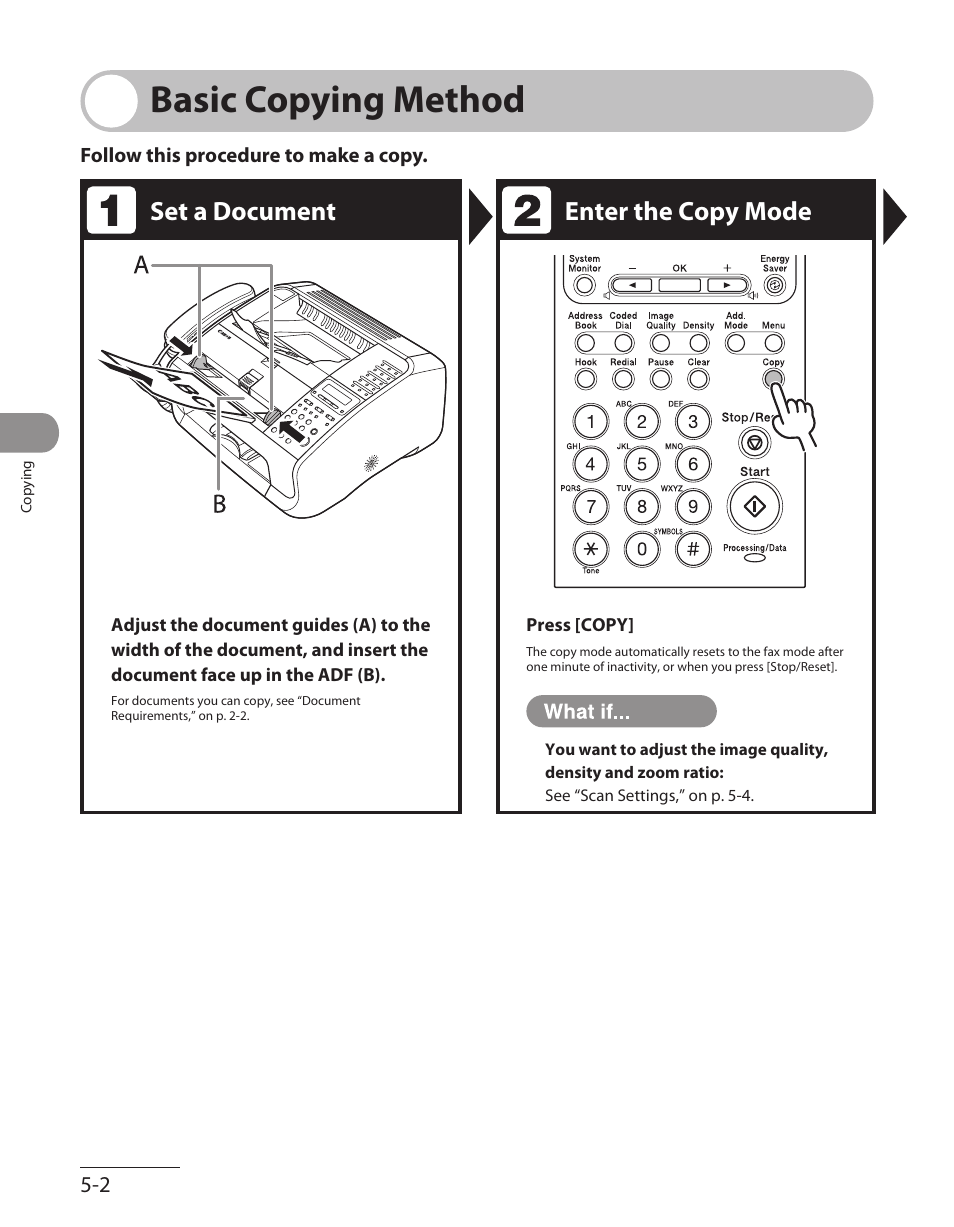 Basic copying method, Basic copying method -2, Set a document enter the copy mode | Canon L90 User Manual | Page 123 / 214