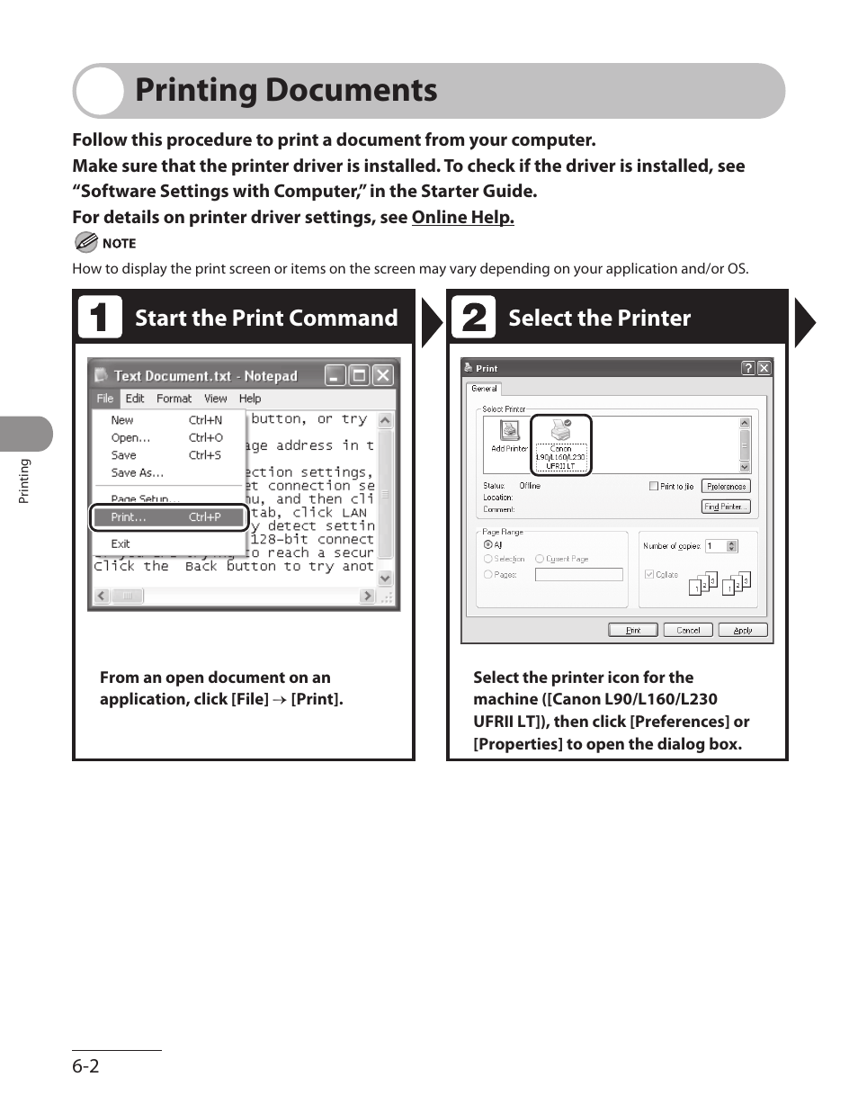 Printing documents, Printing documents -2, Start the print command select the printer | Canon L90 User Manual | Page 133 / 214